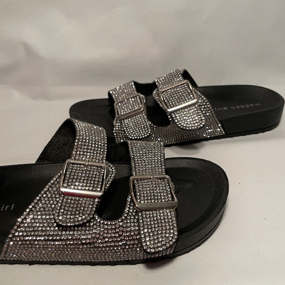 Madden Girl Rhinestone with black double strap Teddy Slide sandal size 8 new